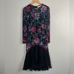 VTG 80s Black Tie Women's Floral Beaded Sequin Ball Gown Midi silk Dress Size 10